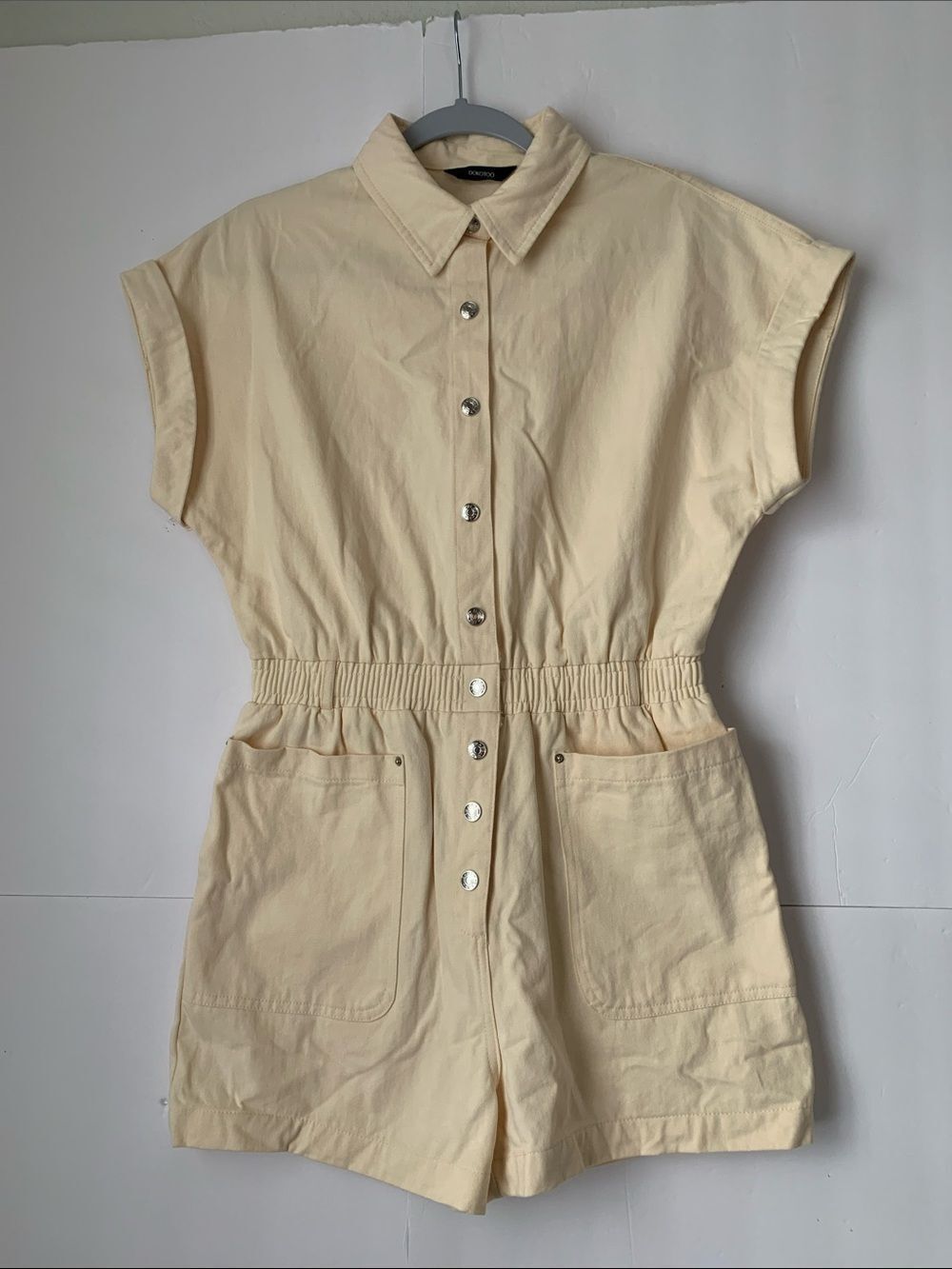 Dokotoo Snap-Button Front Cream Short Sleeve Denim Romper Pockets Size M